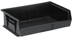 The Quantum Bin is a 16-1/2W x 10-7/8D x 5H black recycled polypropylene container with an open top, sloped front, reinforced edges, and flat bottom. It has three divider slots for organization, an anti-slide lock for security, and a molded-in label holder. Made in the USA.