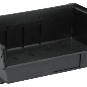 The Quantum Bin is a 16-1/2W x 10-7/8D x 5H black recycled polypropylene container with an open top, sloped front, reinforced edges, and flat bottom. It has three divider slots for organization, an anti-slide lock for security, and a molded-in label holder. Made in the USA.