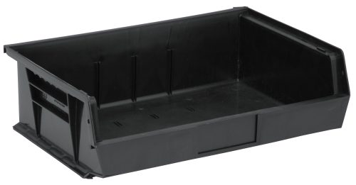 QUS245_BR.jpg The Quantum Bin is a 16-1/2W x 10-7/8D x 5H black recycled polypropylene container with an open top, sloped front, reinforced edges, and flat bottom. It has three divider slots for organization, an anti-slide lock for security, and a molded-in label holder. Made in the USA.