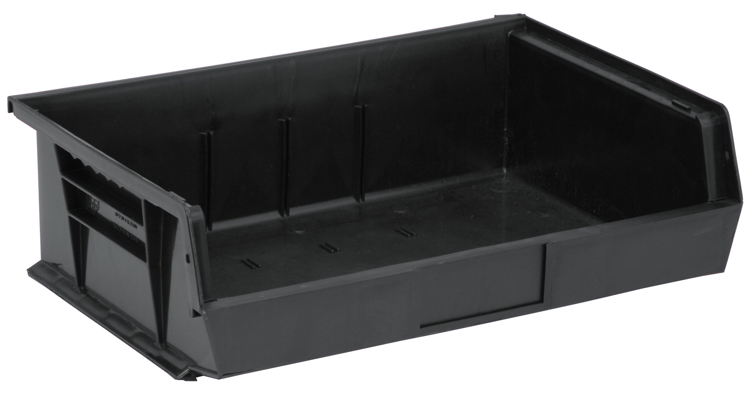 Bin, Stacking Or Hanging, 16-1/2"W X 10-7/8"D X 5"H, Front/Back/Side Grips, Anti-Slide Lock, (3) Divider Slots, Rear Hanger, Molded-In Label Holder, Recycled Polypropylene, Black, Made In USA