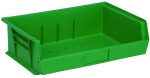 The green Quantum Bin, 16-1/2W x 10-7/8D x 5H, is made of polypropylene and features front/back grips, anti-slide lock, three divider slots, a rear hanger, and molded-in label holder. It’s stackable or hangable for efficient storage. Made in the USA.