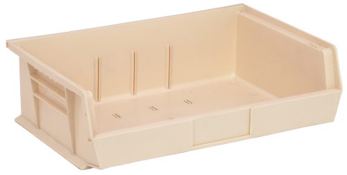 The Quantum Bin, made in the USA from ivory polypropylene, measures 16-1/2W x 10-7/8D x 5H and features front, back, and side grips for easy handling. It includes an anti-slide lock, ribbed sides for durability, a molded-in label holder on the front, and slightly raised edges for stacking or hanging.