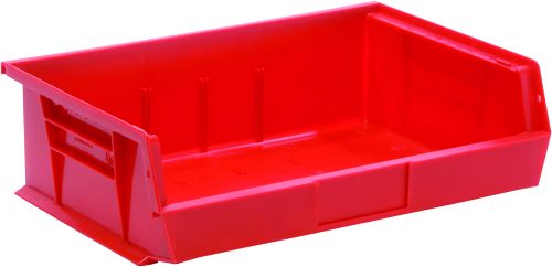 The Quantum Bin is a bright red polypropylene storage solution measuring 16-1/2W x 10-7/8D x 5H, featuring front/back/side grips, an anti-slide lock, three divider slots, a rear hanger, and a molded-in label holder. Designed for easy access with reinforced sides and slightly slanted construction. Made in the USA.