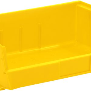 The yellow Quantum Bin, made of polypropylene and measuring 16-1/2W x 10-7/8D x 5H, features grips on all sides, a rear hanger, an anti-slide lock, three divider slots, and a molded-in label holder. Its shown empty against a plain white background.