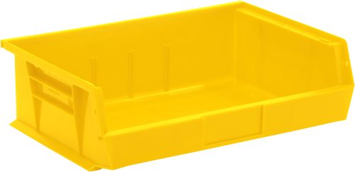 The yellow Quantum Bin, made of polypropylene and measuring 16-1/2W x 10-7/8D x 5H, features grips on all sides, a rear hanger, an anti-slide lock, three divider slots, and a molded-in label holder. Its shown empty against a plain white background.
