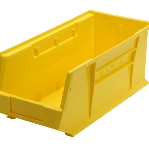 The Quantum Bin is a large, yellow, rectangular polypropylene storage solution measuring 8-1/4W x 18D x 7H. It features front/back/side grips, an anti-slide lock, and a divider slot for organization. Its designed for stacking or hanging and includes a rear hanger and molded-in label holder. Made in the USA.