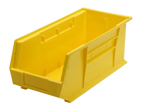 QUS248_YL.jpg The Quantum Bin is a large, yellow, rectangular polypropylene storage solution measuring 8-1/4W x 18D x 7H. It features front/back/side grips, an anti-slide lock, and a divider slot for organization. Its designed for stacking or hanging and includes a rear hanger and molded-in label holder. Made in the USA.