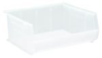 The Quantum Bin is a clear polypropylene storage solution with three divider slots, ribbed sides, and grips on all sides. Measuring 16-1/2W x 14-3/4D x 7H, it features an open front, raised edges for stacking or hanging efficiently, anti-slide lock, rear hanger, and a label holder. Made in the USA.