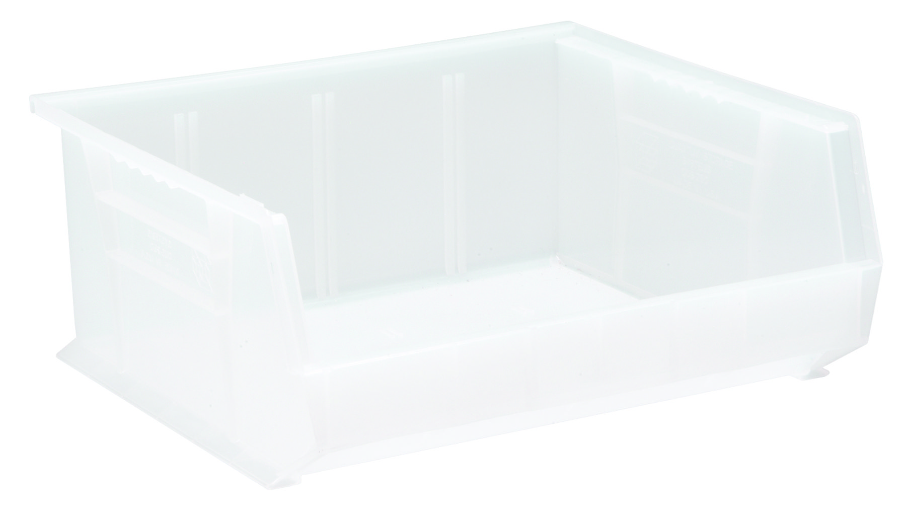 Bin, Stacking Or Hanging, 16-1/2"W X 14-3/4"D X 7"H, Front/Back/Side Grips, Anti-Slide Lock, (3) Divider Slots, Rear Hanger, Molded-In Label Holder, Polypropylene, Clear, Made In USA