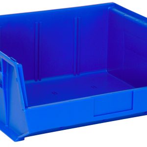 The Quantum Bin is a blue polypropylene storage bin (16-1/2W x 14-3/4D x 7H) featuring front, back, and side grips, an anti-slide lock, three divider slots, a rear hanger, and molded-in label holder. Its perfect for organizing and stacking items against a white background. Made in USA.