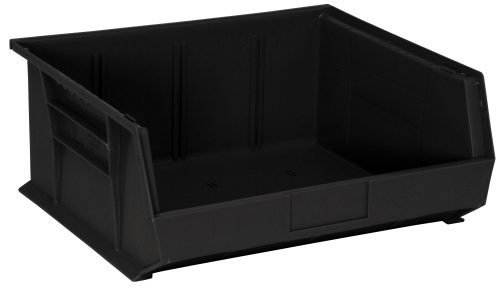 QUS250_BR.jpg The black Quantum Bin, 16.5W x 14.75D x 7H, made from recycled polypropylene in the USA, features front/back/side grips, an anti-slide lock, three divider slots for customizable storage, a molded-in label holder, and can be stacked or hung for versatile organization.