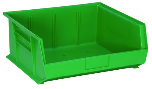 The Quantum Bin, made in the USA from polypropylene, measures 16-1/2W x 14-3/4D x 7H. It features an open front for easy access, ribbed sides for reinforcement, three divider slots, a molded-in label holder, anti-slide lock, rear hanger, and can be stacked or hung. Available in bright green.