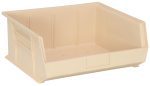 The Quantum Bin is an ivory, open-top polypropylene storage bin with slanted sides and front/back/side grips for easy handling. It sits empty on a white background, featuring ribbed detailing on inner sides for support and (3) divider slots to enhance organization. Made in the USA.