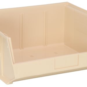 The Quantum Bin is an ivory, open-top polypropylene storage bin with slanted sides and front/back/side grips for easy handling. It sits empty on a white background, featuring ribbed detailing on inner sides for support and (3) divider slots to enhance organization. Made in the USA.