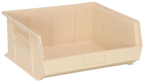 The Quantum Bin is an ivory, open-top polypropylene storage bin with slanted sides and front/back/side grips for easy handling. It sits empty on a white background, featuring ribbed detailing on inner sides for support and (3) divider slots to enhance organization. Made in the USA.