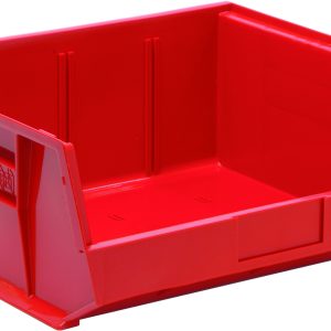 The Quantum Bin is a red polypropylene storage solution with dimensions of 16-1/2W x 14-3/4D x 7H, featuring front/back/side grips, anti-slide lock, three divider slots, and a rear hanger. It offers versatile stacking or hanging options and includes a molded-in label holder. Made in the USA.