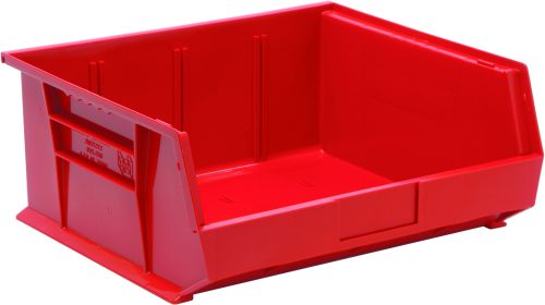 QUS250_RD.jpg The Quantum Bin is a red polypropylene storage solution with dimensions of 16-1/2W x 14-3/4D x 7H, featuring front/back/side grips, anti-slide lock, three divider slots, and a rear hanger. It offers versatile stacking or hanging options and includes a molded-in label holder. Made in the USA.