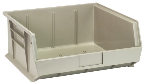 The Quantum Bin is a large, stone-colored polypropylene storage bin measuring 16-1/2W x 14-3/4D x 7H. It features front, back, and side grips for easy access, an anti-slide lock for secure stacking, three divider slots, a rear hanger, and a molded-in label holder. Made in the USA.