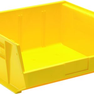 The Quantum Bin is a large yellow polypropylene storage solution measuring 16-1/2W x 14-3/4D x 7H. It features front, back, and side grips, an anti-slide lock, and reinforced sides for durability. With divider slots and a molded-in label holder, its perfect for organizing warehouse or workshop items.