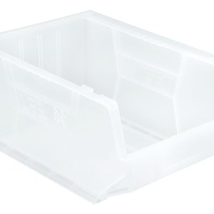 The Quantum Bin is a clear polypropylene storage bin measuring 11W x 16D x 8H, featuring an anti-slide lock, front/back/side grips, molded-in label holder, and rear hanger. It includes three divider slots for organization and provides functional convenience with its versatile design. Made in the USA.