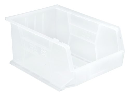 QUS255CL.jpg The Quantum Bin is a clear polypropylene storage bin measuring 11W x 16D x 8H, featuring an anti-slide lock, front/back/side grips, molded-in label holder, and rear hanger. It includes three divider slots for organization and provides functional convenience with its versatile design. Made in the USA.