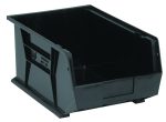 The Quantum Bin, 11W x 16D x 8H, features an open front for easy access with front/back/side grips. Its designed to stack or hang securely with an anti-slide lock and includes a molded-in label holder. Made in the USA from polypropylene, it has divider slots and a rear hanger for versatile use.