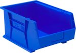 The Quantum Bin is a blue, rectangular polypropylene storage solution, 11W x 16D x 8H. It features reinforced sides, front/back/side grips, an anti-slide lock, and (3) divider slots. This USA-made bin is stackable or hangable with a rear hanger and molded label holder for versatile organization.