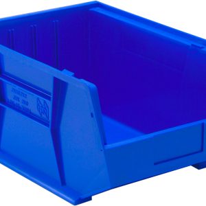 The Quantum Bin is a blue, rectangular polypropylene storage solution, 11W x 16D x 8H. It features reinforced sides, front/back/side grips, an anti-slide lock, and (3) divider slots. This USA-made bin is stackable or hangable with a rear hanger and molded label holder for versatile organization.