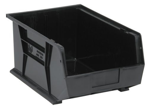 The Quantum Bin in black recycled polypropylene (11W x 16D x 8H) features an anti-slide lock, molded-in label holder, and slightly tapered sides. It offers front/back/side grips and a rear hanger for versatility. Made in the USA with three divider slots to keep contents organized securely.