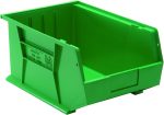The Quantum Bin is a green polypropylene storage unit, 11W x 16D x 8H, featuring front/back/side grips for easy handling, an anti-slide lock, three divider slots for organization, a rear hanger, and molded-in label holder. Its designed for stacking or hanging and made in the USA.