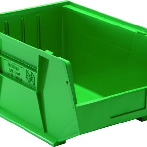 The Quantum Bin is a green polypropylene storage unit, 11W x 16D x 8H, featuring front/back/side grips for easy handling, an anti-slide lock, three divider slots for organization, a rear hanger, and molded-in label holder. Its designed for stacking or hanging and made in the USA.