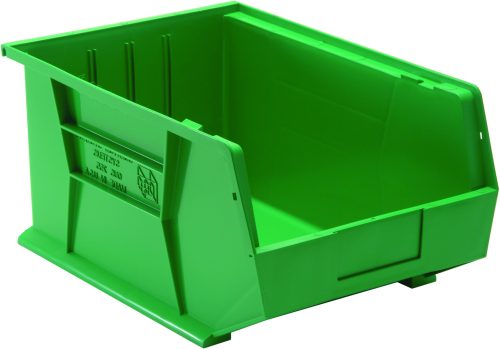 QUS255_GN.jpg The Quantum Bin is a green polypropylene storage unit, 11W x 16D x 8H, featuring front/back/side grips for easy handling, an anti-slide lock, three divider slots for organization, a rear hanger, and molded-in label holder. Its designed for stacking or hanging and made in the USA.