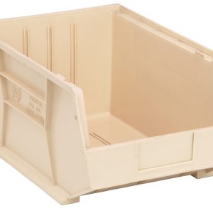 The Quantum Bin, 11W x 16D x 8H, in ivory polypropylene, offers front/back/side grips, an anti-slide lock, rear hanger, molded-in label holder, and three divider slots. Made in the USA, it allows effortless organization with durable features for stacking or hanging.
