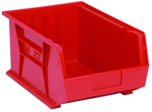 The Quantum Bin, a red polypropylene storage bin measuring 11W x 16D x 8H, features front/back/side grips, an anti-slide lock, three divider slots, a rear hanger, and molded-in label holder. Its stackable or hangable for easy organization and made in the USA.