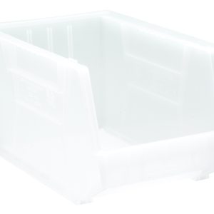 The clear Quantum Bin is a stackable 11W x 18D x 10H polypropylene storage solution with front, back, and side grips, an anti-slide lock, rear hanger, molded-in label holder, and (3) divider slots for organization. Made in the USA.