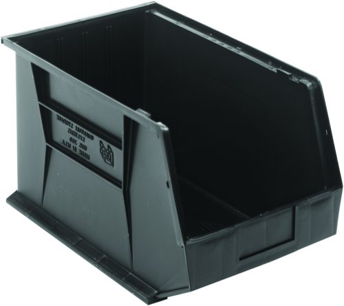 QUS260_BK.jpg The Quantum Bin, made from black polypropylene and measuring 11W x 18D x 10H, features front/back/side grips for easy handling, an anti-slide lock, three divider slots, a rear hanger for stacking or hanging, and a molded-in label holder. Made in the USA for organizing small items.