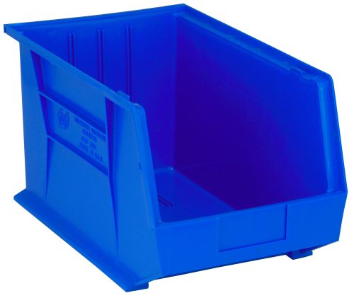 QUS260_BL.jpg The Quantum Bin is a blue, polypropylene storage solution (11W x 18D x 10H) with a slanted top and reinforced sides. It features grips on all sides, an anti-slide lock, three divider slots, a rear hanger for stacking or hanging, and a molded-in label holder. Made in the USA.