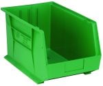 The green Quantum Bin, made of polypropylene and measuring 11W x 18D x 10H, is perfect for organizing with its reinforced sides, front/back/side grips, anti-slide lock, and three divider slots. Displayed empty against a white background. Made in the USA.