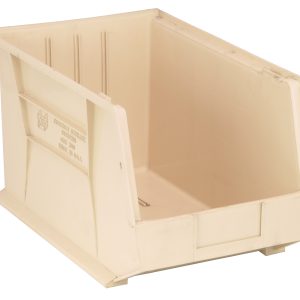 The Quantum Bin in ivory polypropylene, measuring 11W x 18D x 10H, offers open access and custom organization with (3) divider slots. It features a sturdy base, ridged sides, front/back/side grips, an anti-slide lock, rear hanger, and molded-in label holder for neat storage of various items. Made in USA.