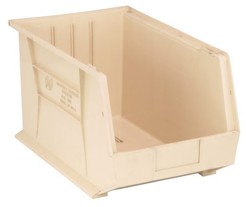 QUS260_IV.jpg The Quantum Bin in ivory polypropylene, measuring 11W x 18D x 10H, offers open access and custom organization with (3) divider slots. It features a sturdy base, ridged sides, front/back/side grips, an anti-slide lock, rear hanger, and molded-in label holder for neat storage of various items. Made in USA.