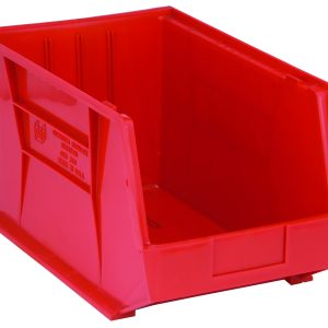 The red Quantum Bin, measuring 11W x 18D x 10H, is made of polypropylene and has front/back/side grips, an open front with anti-slide lock, rear hanger, three divider slots, vertical ridges for strength, and a molded-in label holder. Its ideal for organizing garages or workshops. Made in the USA.