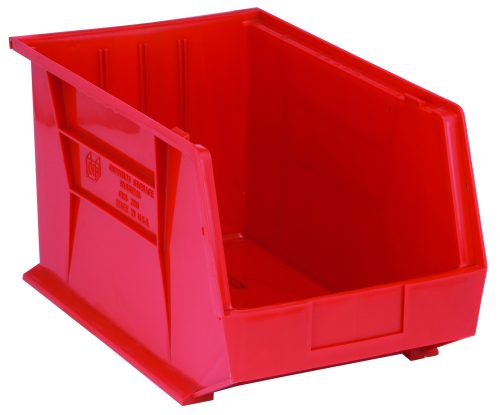 The red Quantum Bin, measuring 11W x 18D x 10H, is made of polypropylene and has front/back/side grips, an open front with anti-slide lock, rear hanger, three divider slots, vertical ridges for strength, and a molded-in label holder. Its ideal for organizing garages or workshops. Made in the USA.