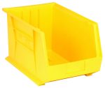 The Quantum Bin is a yellow polypropylene storage solution, measuring 11W X 18D X 10H. It features reinforced sides and base, stacking or hanging capability with an anti-slide lock, front/back/side grips for easy handling, three divider slots, a rear hanger, and a molded-in label holder. Made in the USA.