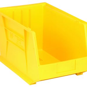 The Quantum Bin is a yellow polypropylene storage solution, measuring 11W X 18D X 10H. It features reinforced sides and base, stacking or hanging capability with an anti-slide lock, front/back/side grips for easy handling, three divider slots, a rear hanger, and a molded-in label holder. Made in the USA.