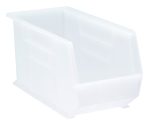 The Quantum Bin is a clear polypropylene storage solution, 8-1/4W x 18D x 9H, featuring front/back/side grips, an anti-slide lock, a divider slot, and a rear hanger. Designed for stacking or hanging with easy access and molded-in label holder. Made in the USA.