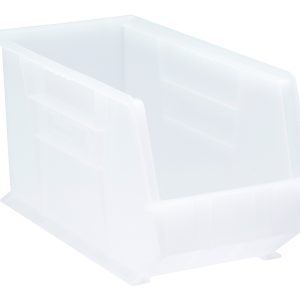 The Quantum Bin is a clear polypropylene storage solution, 8-1/4W x 18D x 9H, featuring front/back/side grips, an anti-slide lock, a divider slot, and a rear hanger. Designed for stacking or hanging with easy access and molded-in label holder. Made in the USA.