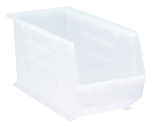 QUS265CL.jpg The Quantum Bin is a clear polypropylene storage solution, 8-1/4W x 18D x 9H, featuring front/back/side grips, an anti-slide lock, a divider slot, and a rear hanger. Designed for stacking or hanging with easy access and molded-in label holder. Made in the USA.