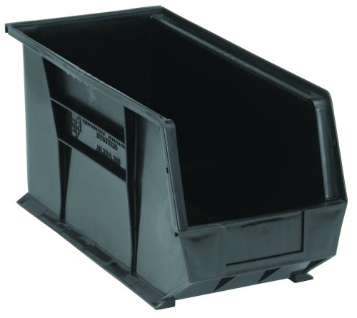 The black Quantum Bin, made in the USA from polypropylene, measures 8-1/4W x 18D x 9H and is ideal for organizing small items. It has a front/back/side grip, anti-slide lock, rear hanger, (1) divider slot, and a molded-in label holder.