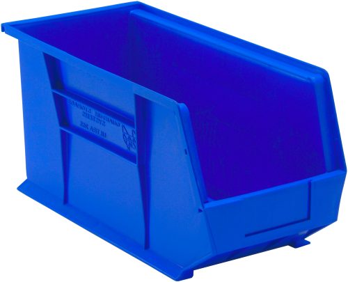 The Quantum Bin is a blue polypropylene container with front/back/side grips and an anti-slide lock for secure stacking. It features a rear hanger, molded-in label holder, and divider slot, making it perfect for organizing or storing items efficiently. Dimensions: 8-1/4W x 18D x 9H. Made in USA.