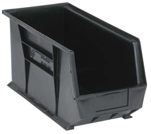 The Quantum Bin, made of recycled black polypropylene, measures 8-1/4W x 18D x 9H and features a ridged bottom, divider slot, and rear hanger. It can be stacked or hung using front/back/side grips. Enhanced with an anti-slide lock and molded-in label holder, it offers versatile storage solutions.